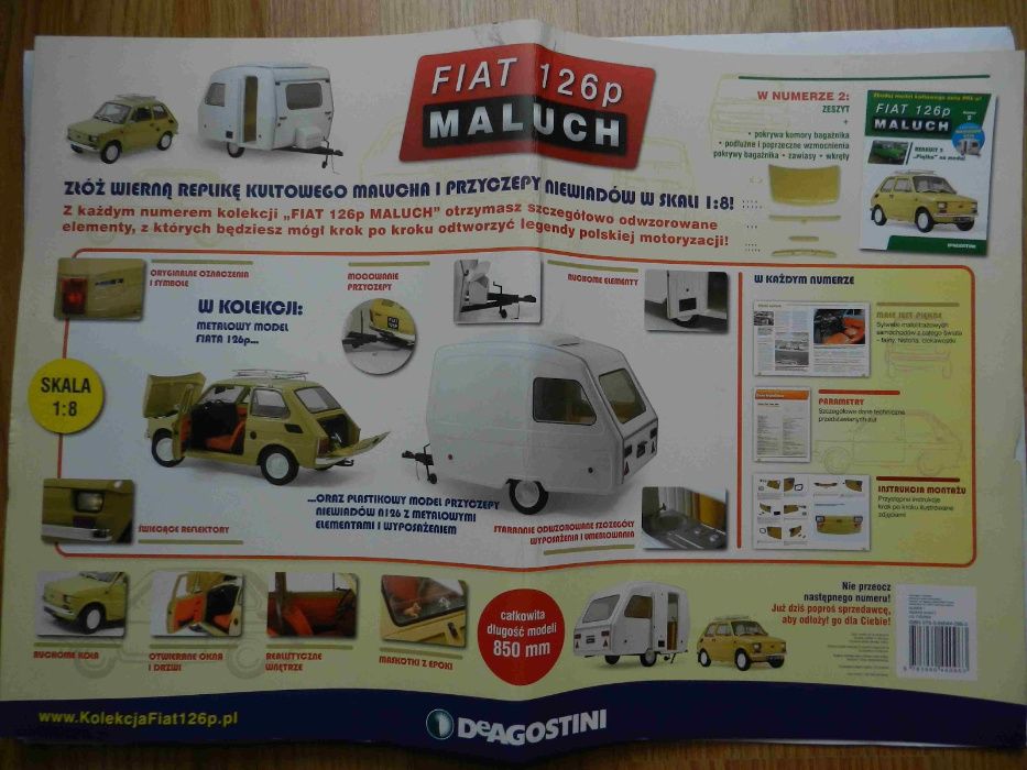 Fiat 126p maluch z przyczepa deagostini skala 1:8+ Bonus rodzinka, psy