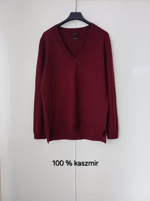 Massimo Dutti 100% kaszmir kaszmirowy sweter dekolt V bordowy burgund