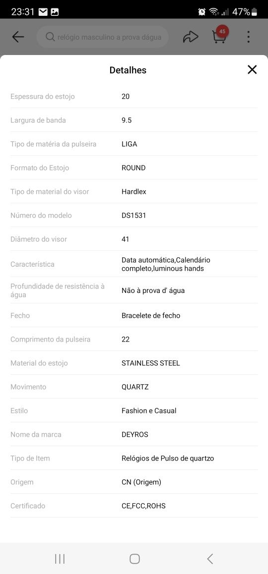 Relógio Deyros Quartzo