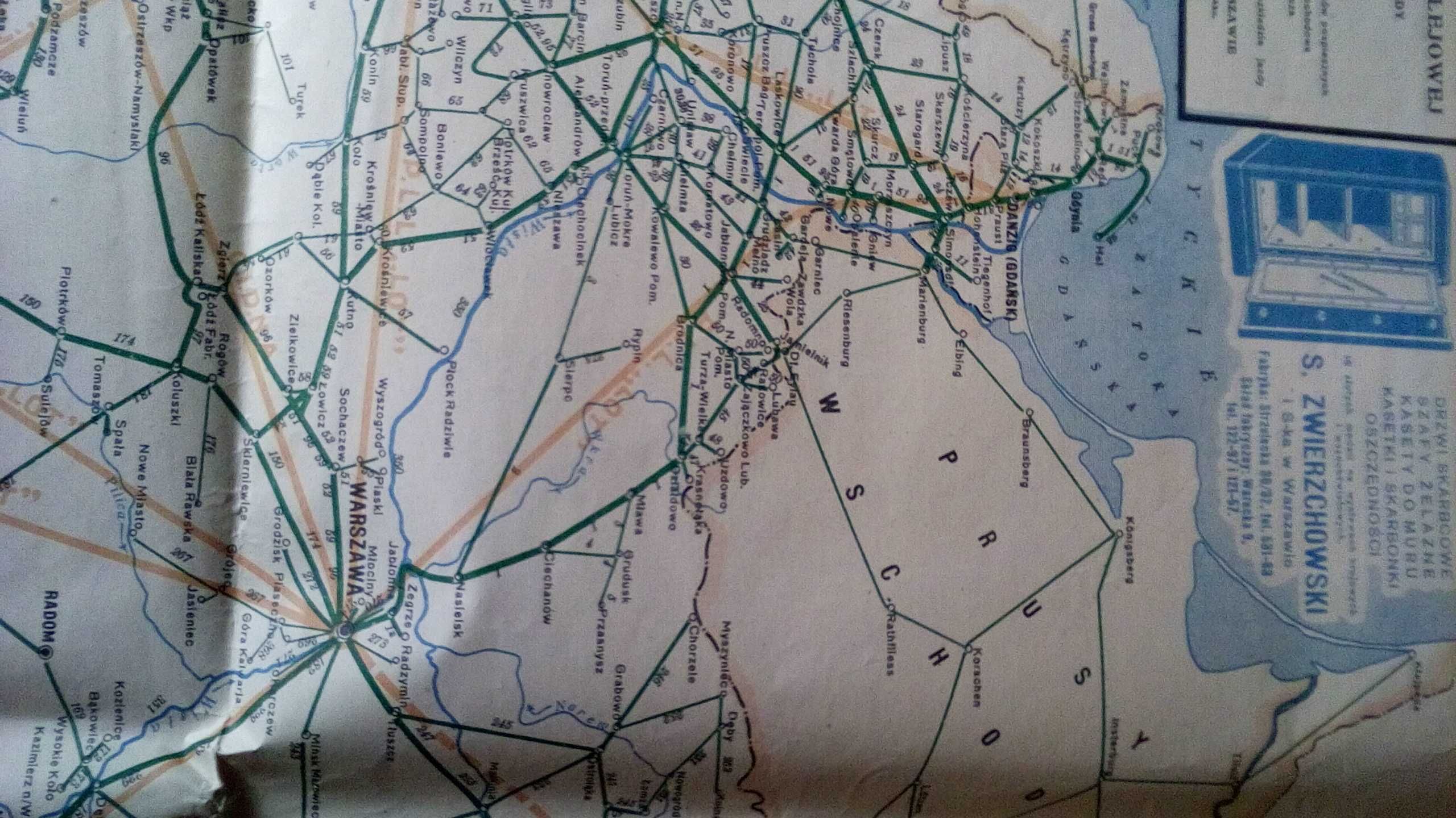 Mapa Polskiej sieci kolejowej 1929 roku.