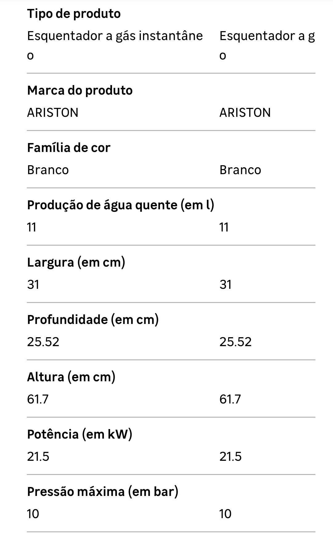 Esquentador à gás 11L B/P ATM Ariston Fast