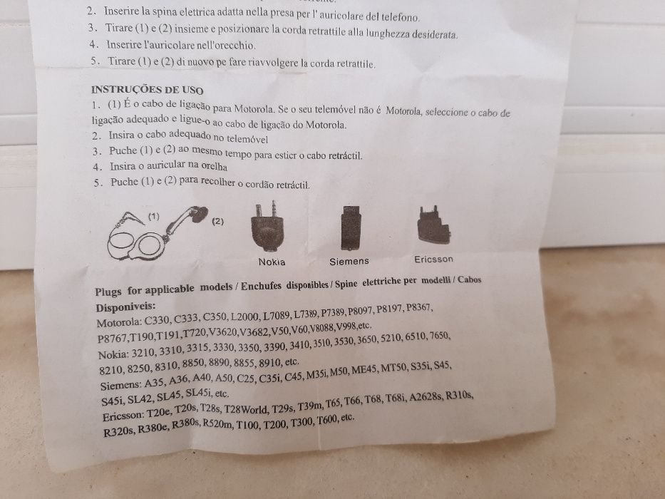 Cabos ligação auricular para Motorola,Nokia,Siemens e Ericsson.