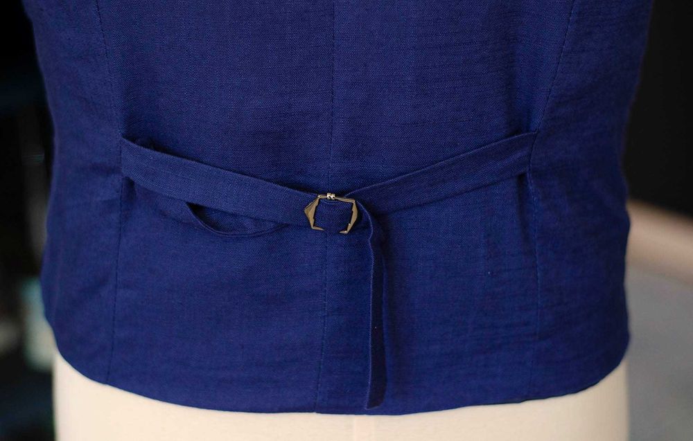 Kamizelka szyta na miarę, bespoke, 100% len, pełna, r48-50, niebieska