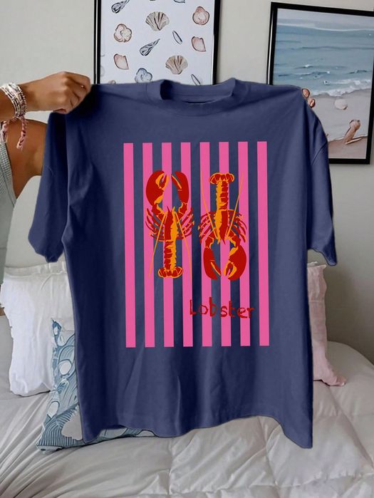 T-Shirt Luźny Z Nadrukiem Homara Granatowy Casual Shein M 38