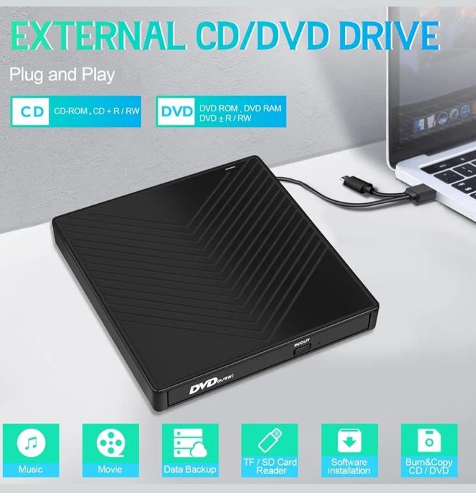 5 в 1 Зовнішній CD-DVD-привід для ноутбука Windows 11 10, USB 3.0 і Ty