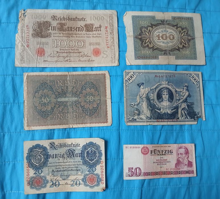 Stare banknoty niemieckie marki 20,50,100,1000 marek niemieckich wojna