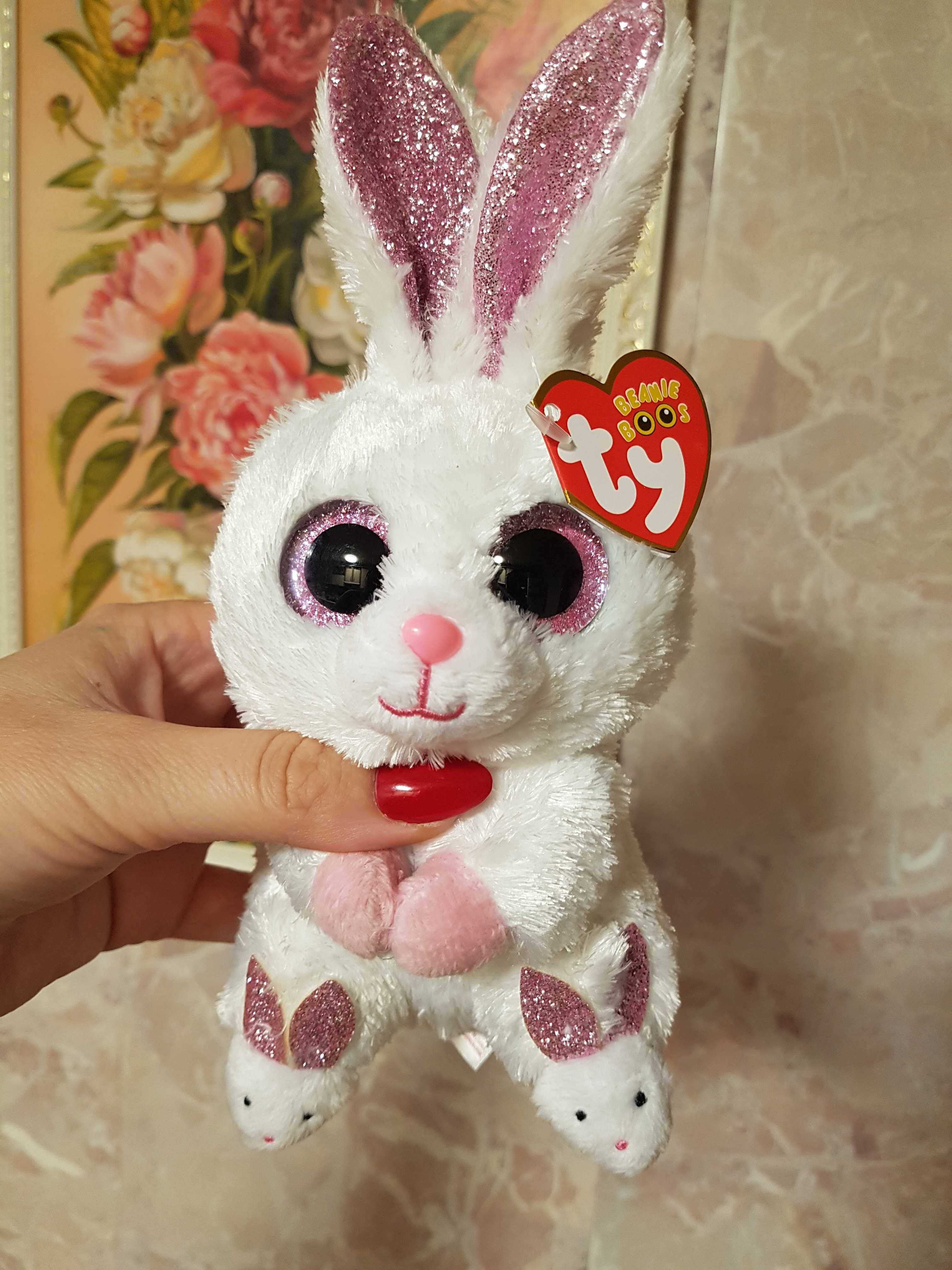 Ty Beanie Boos глазастик белый зайчик в тапочках SLIPPERS, заяц 20 см