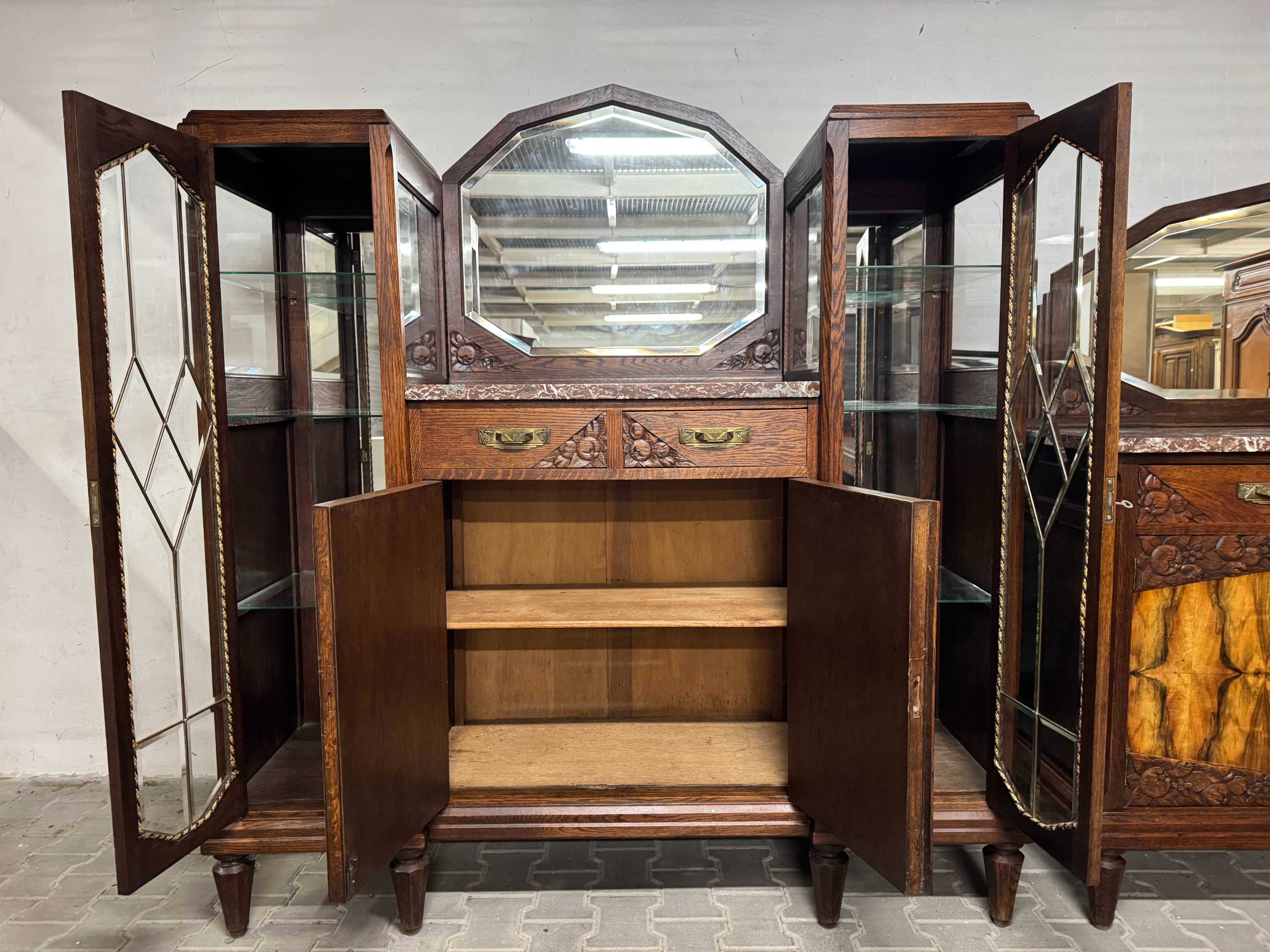 Kredens Art Deco witryna przeszklona kredens drewniany orzech marmur
