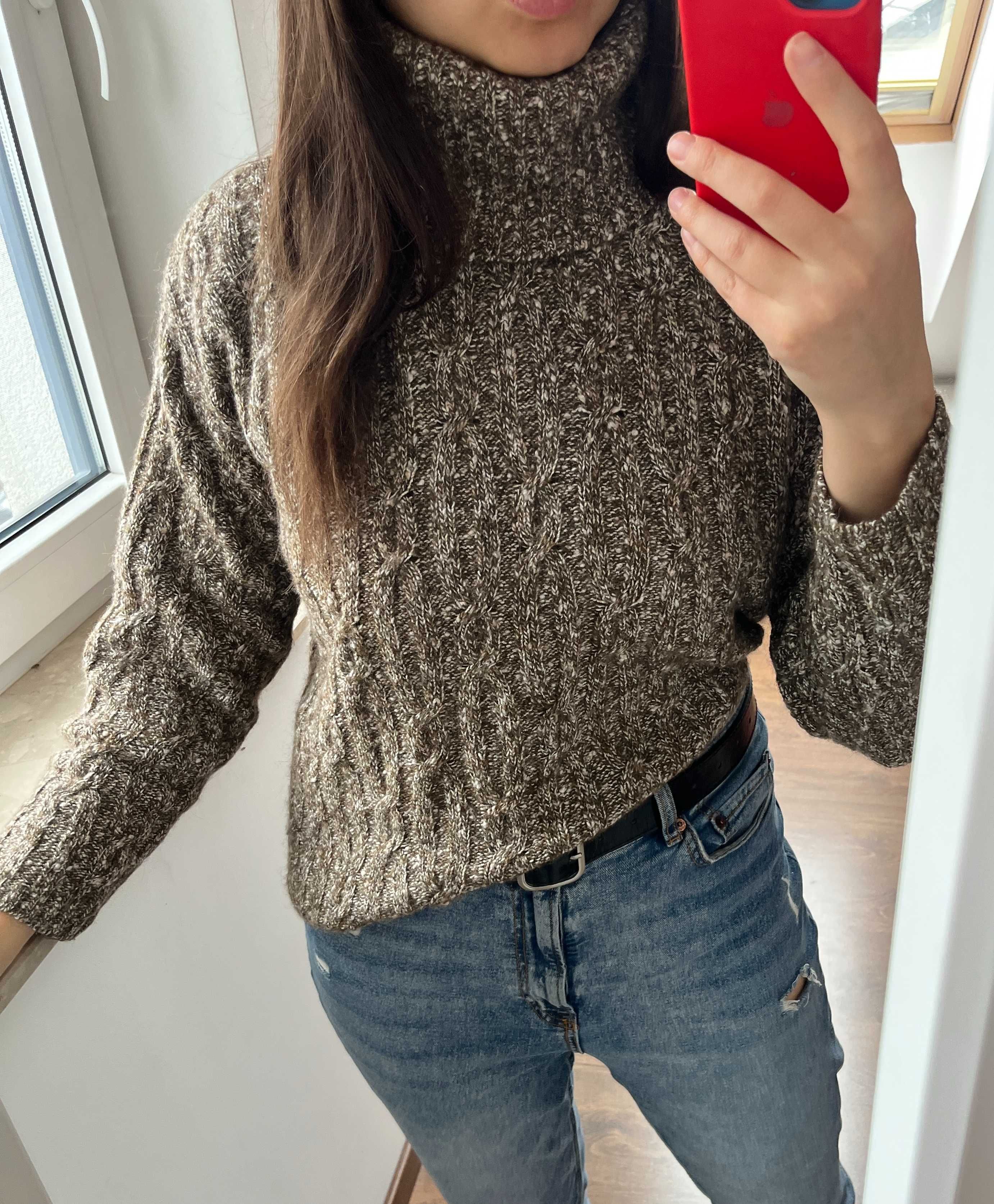 Wełniany vintage sweter z golfem, rozmiar L Gruby, ciepły sweter