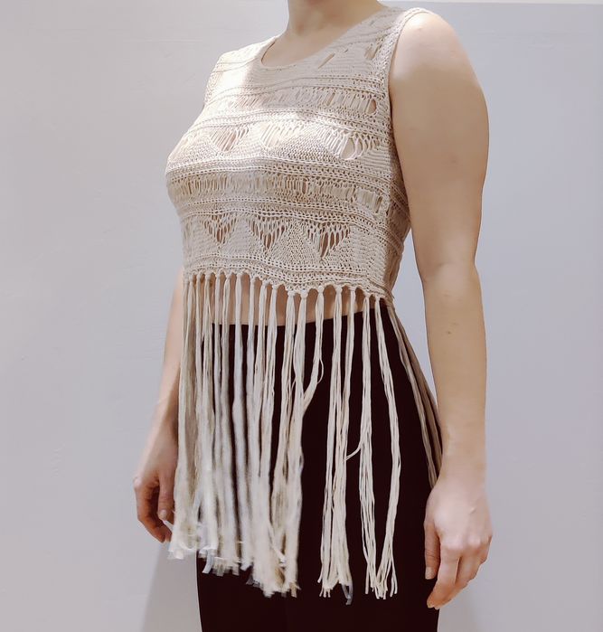 Bluzka z frędzlami koszulka kremowa makrama pleciona boho rustykalna