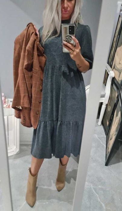 Zara szara dzianinowa falbaniasta sukienka midi maxi M