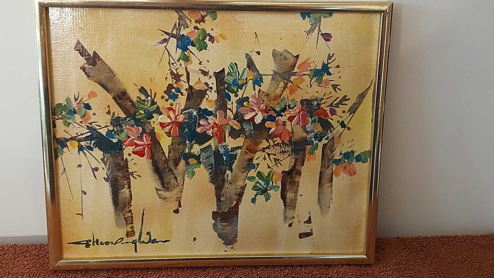 Obraz Shoo-Ching Wan – kwiaty, 26×22 cm, sygnowany