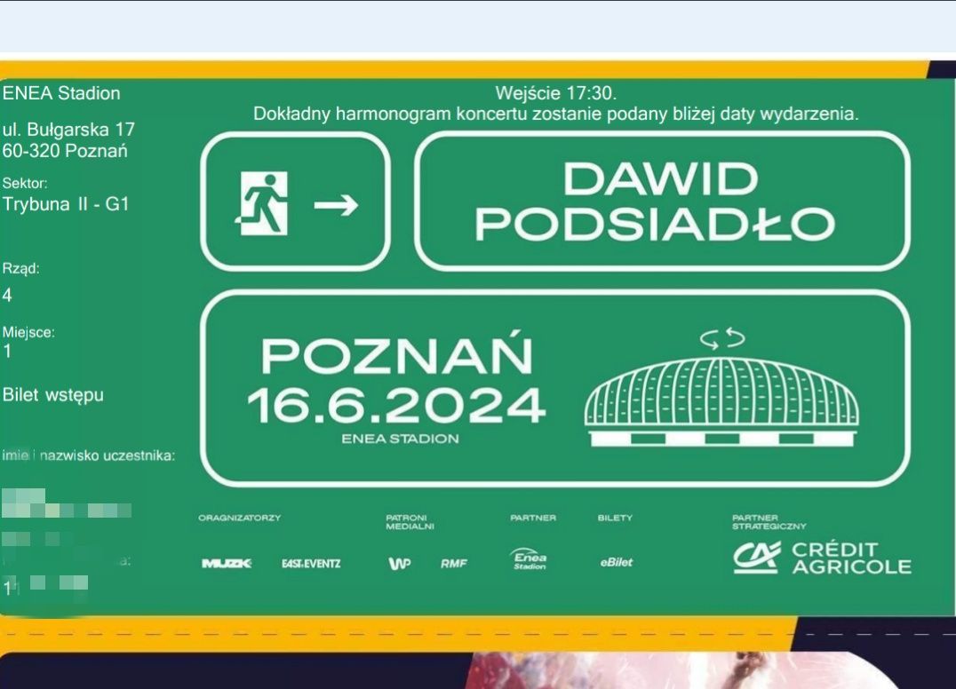 2 bilety Dawid Podsiadło Poznań 16.06