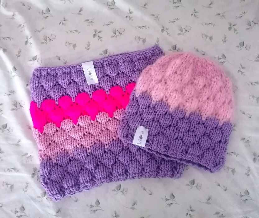 Komplet czapka plus komin ręcznie wykonany na drutach handmade Nowy