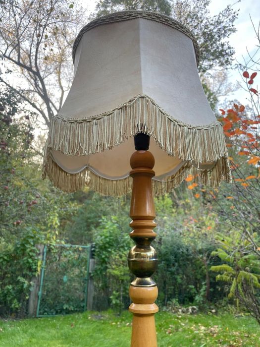 Lampa podłogowa stojąca drewno+mosiądz abażurem skóra VINTAGE komplet