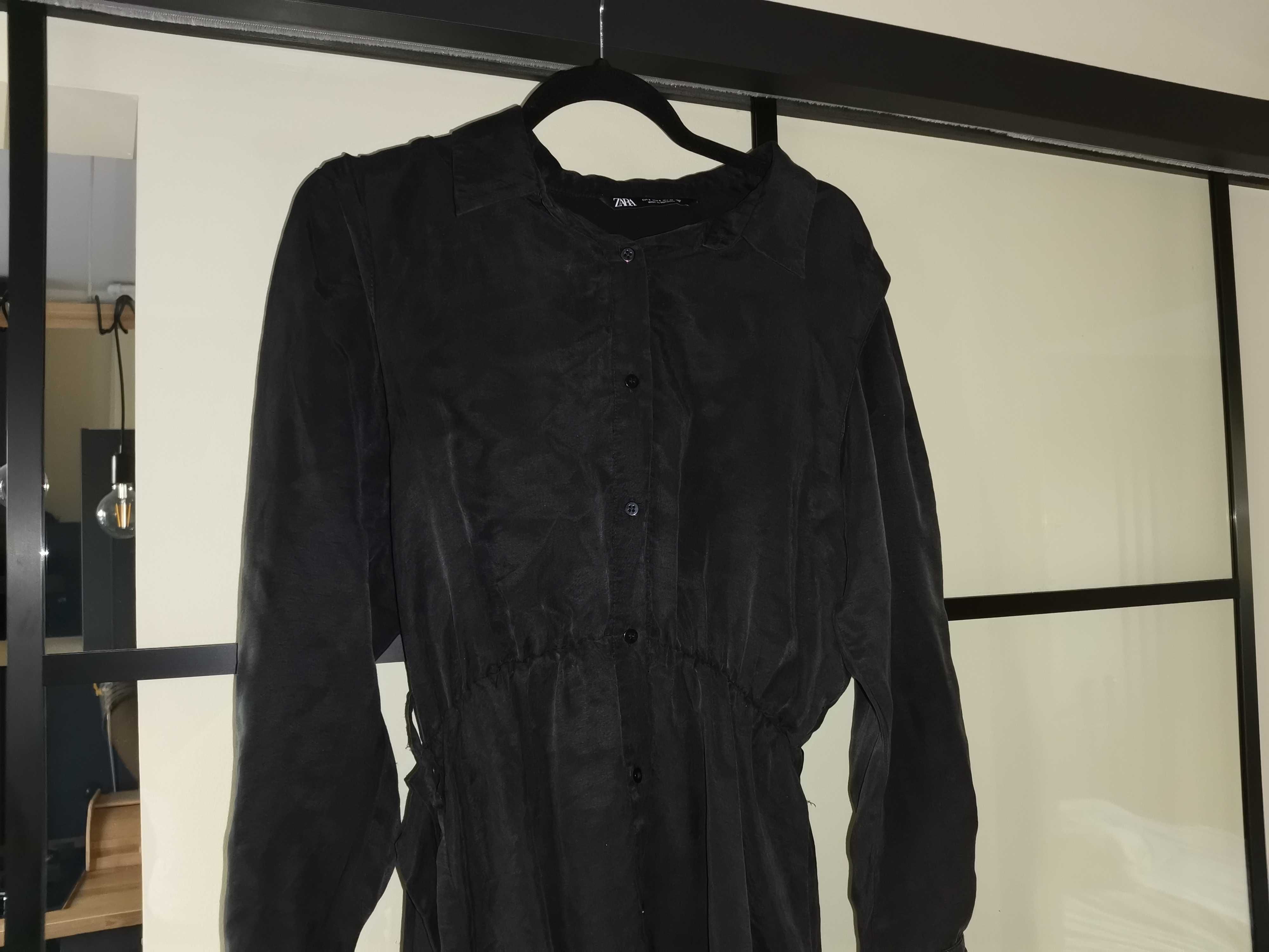 Sukienka czarna koszulowa z kołnierzykiem ZARA S 36 wiązana