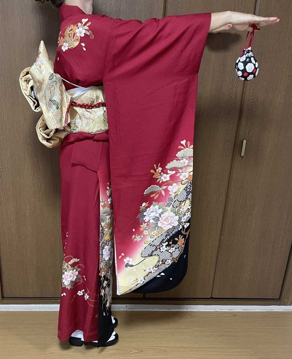 Japońskie kimono furisode + pas obi + sznur obijime + torebka