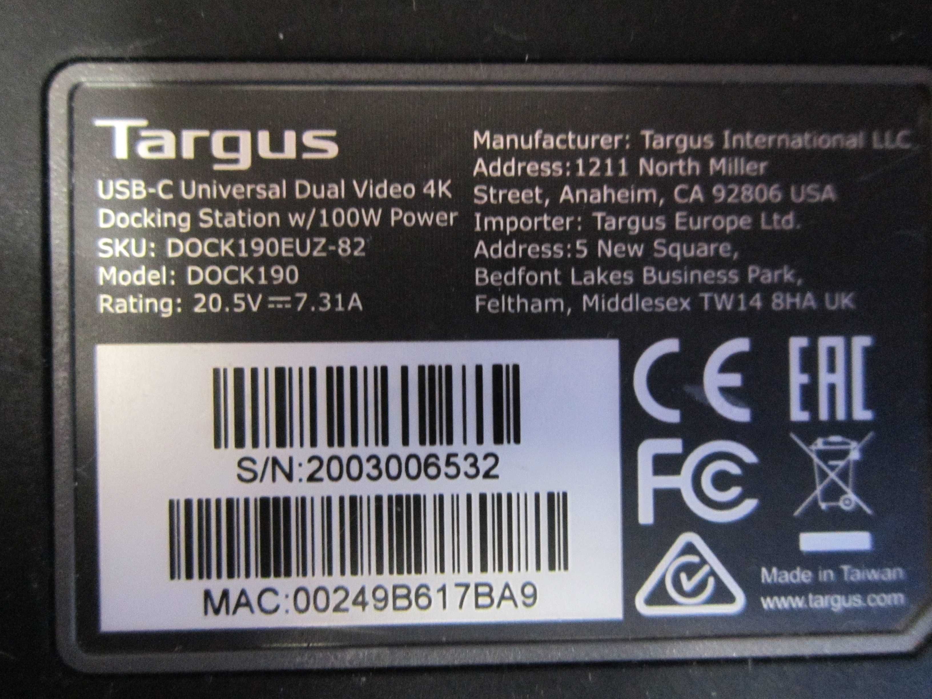 Targus Stacja dokująca DOCK190 USB-C Universal Dual Video 4K 100W