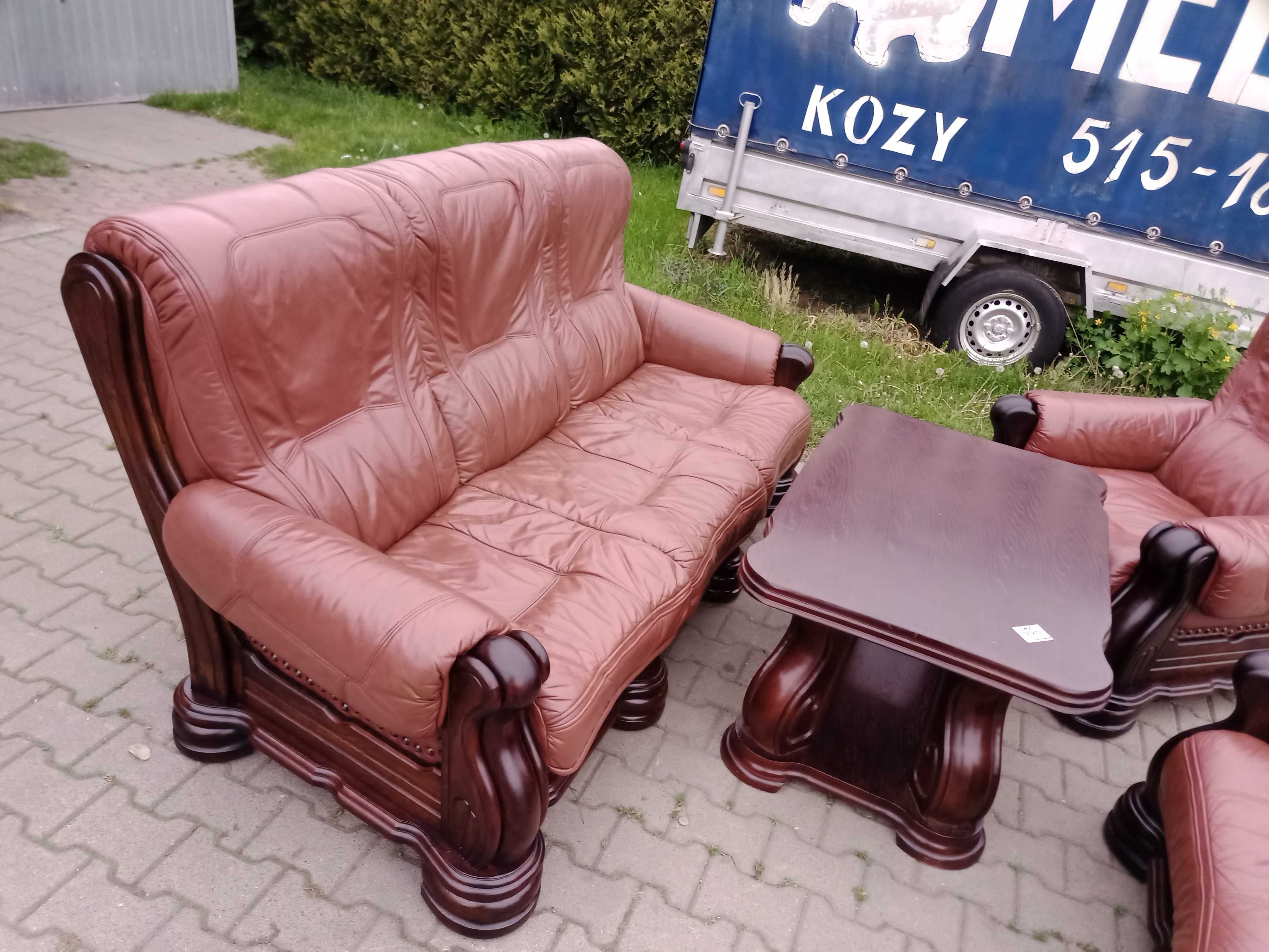 Komplet Wypoczynkowy KLER Bonzo 3+1+1 i Ława , Dąb - Skóra Brąz