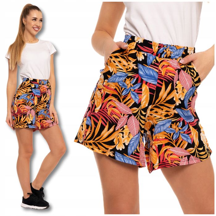 Damskie Szorty Kwiaty Gumka  Pasie Wiskoza Klasyka Przewiewne Moraj Xl