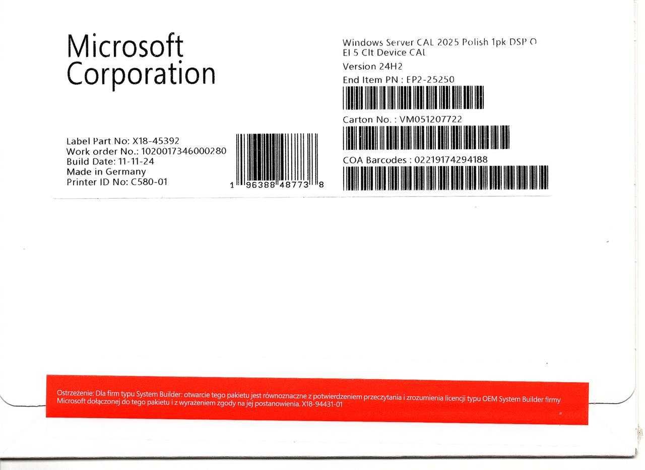 MS OEM Windows Server CAL 2025 1pk DSP OEI 5 Clt Device CAL (PL)