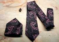 Modny Czarno-różowy Klasyczny Krawat Męski + Poszetka +Spinki
