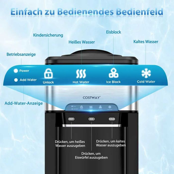 Dystrybutor wody COSTWAY 3 w 1 z kostkarką do lodu, 3 ustawienia temp.