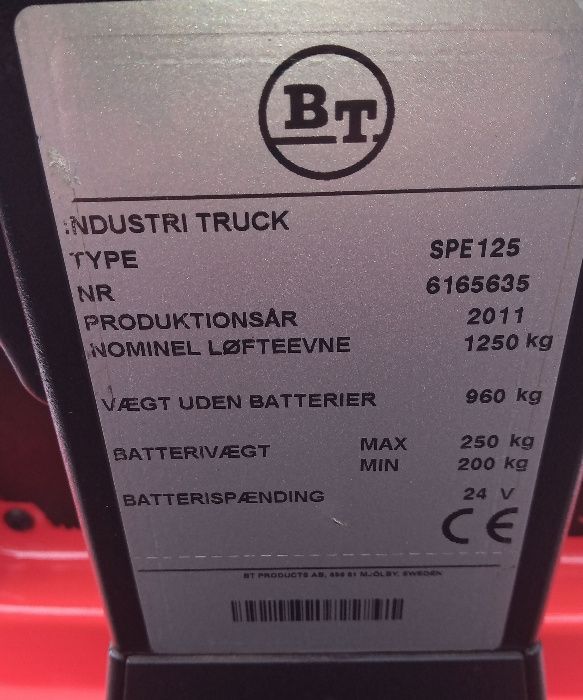 BT SPE125-elektryczny,udźwig 1250kg,2350mm,2011rok,3137mtg