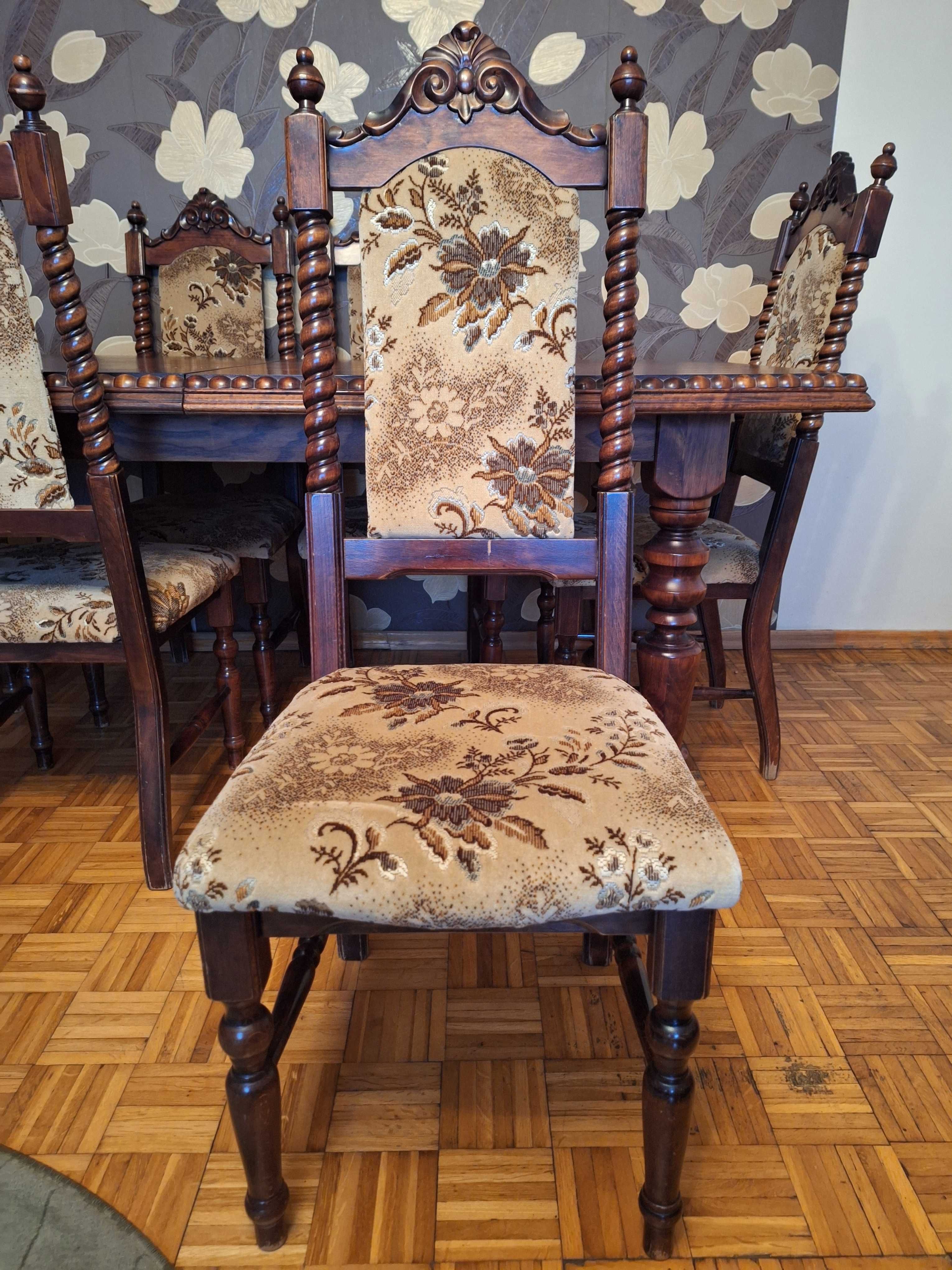 Regulowany Zdobiony-Rzeżbiony Dębowy stół + 6 Krzeseł wym.186,6x247 cm