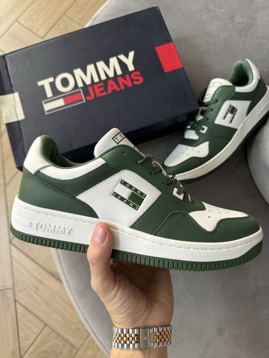 Nowe Skórzane Sneakersy Męskie Tommy Hilfiger Bialo Zielone Tommy Jean