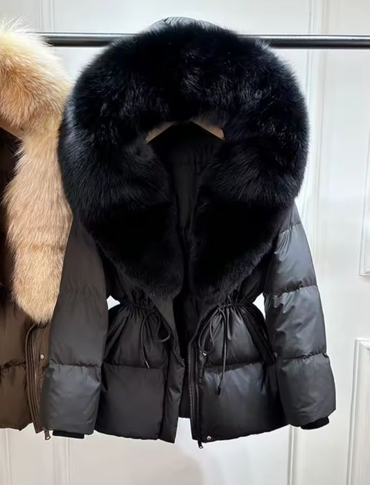 Płaszcz damski ocieplany kurtka z kapturem futro naturalne lis rozmiar