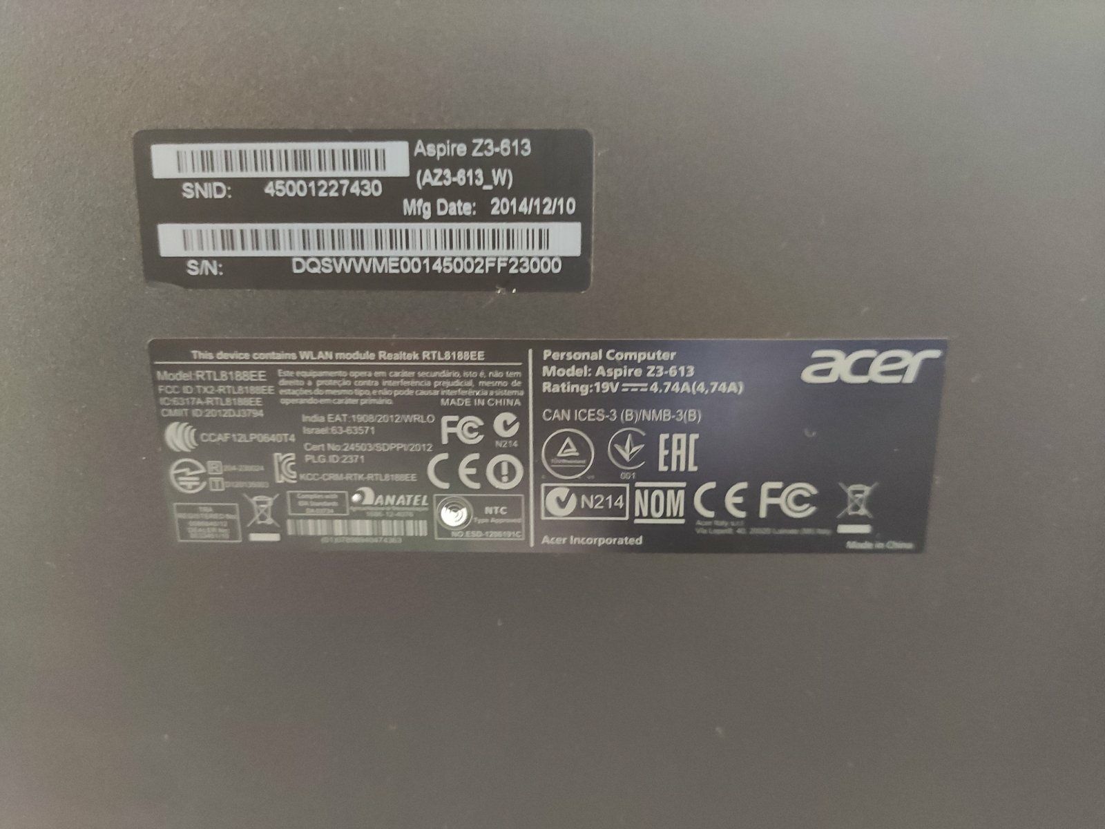 Моноблок Acer Aspire Z3-613 (DQ.SWWME.001)