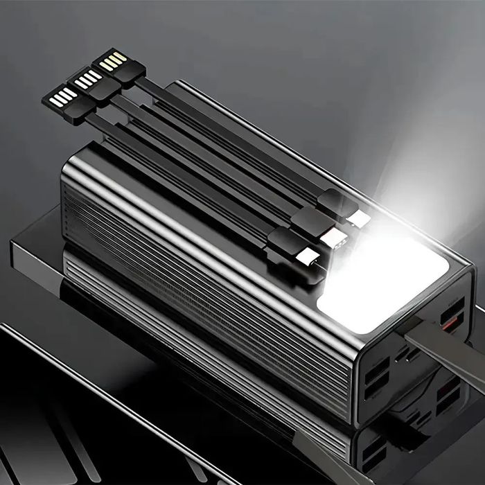 Павербанк 40 000 mAh, 4 виходи, 3 вбудовані кабелі, ліхтарик, дисплей