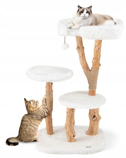 COSTWAY Drapak drewniany 110 cm naturalny pluszowy domek dla kota