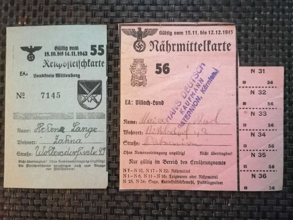 2 cartas e 9 cartões alimentares do 3.º Reich. Ótimos. 1940 a 1944