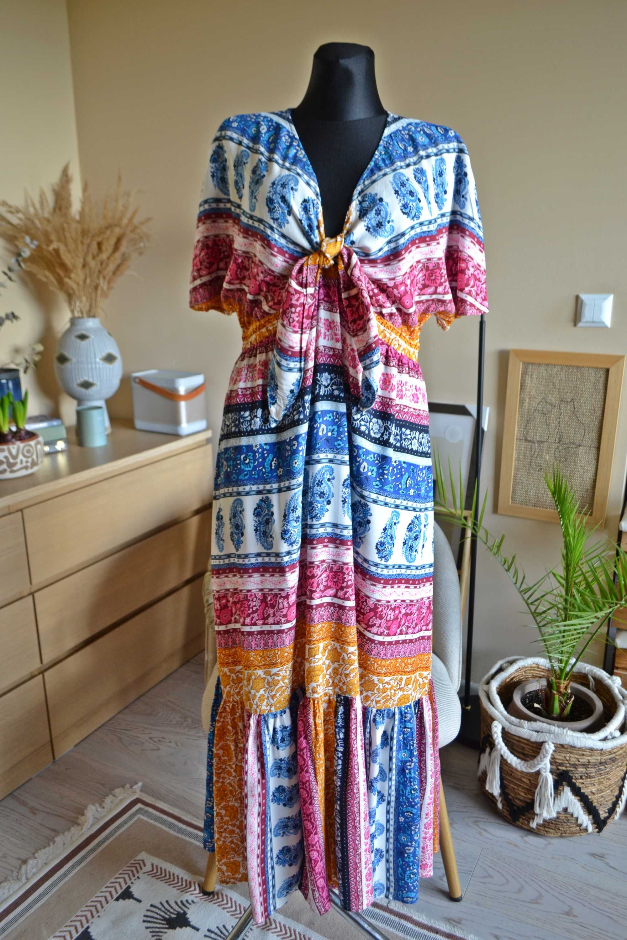 Sukienka kolorowa boho hippie maxi długa falbana Monsoon we wzory M