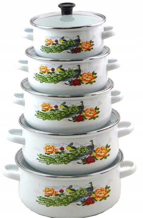 GARNKI EMALIOWANE komplet 5 garnków 5 pokrywek emalia tradycyjne