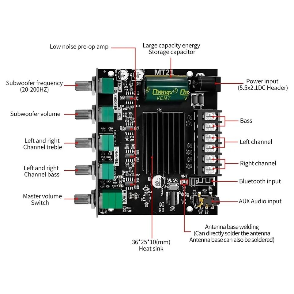 Усилитель Bluetooth 5.0,сабвуфер 2*50 Вт+100Вт.AUX,USB. ZK-MT21. -TB21