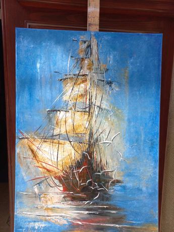Картина олія, акрил, корабель синій інтер‘єрна