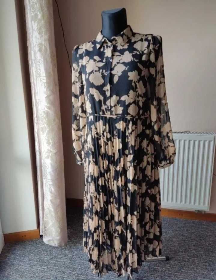 Długa szyfonowa maxi sukienka luźna z plisowanym dołem XL