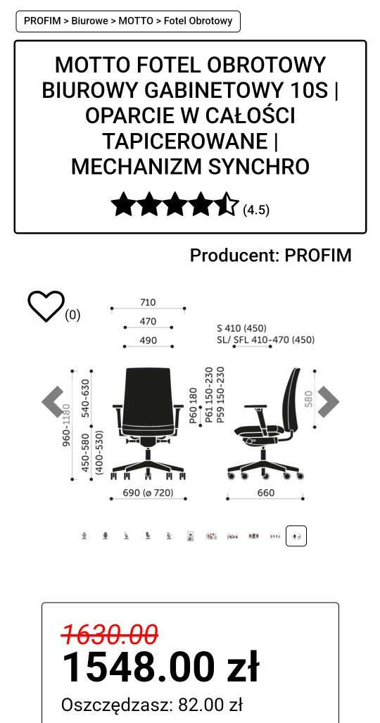 [Jak Nowe) PROFIM MOTTO 10S P61PU - Fotel obrotowy biurowy gabinetowy