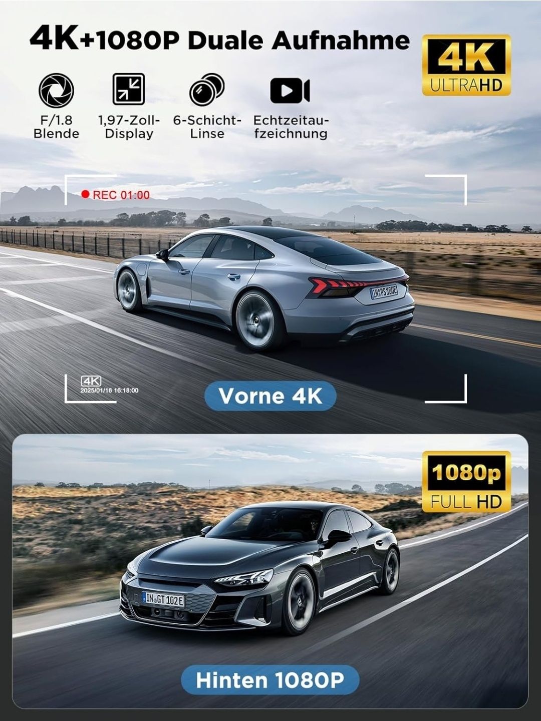 Topabol Kamera Samochodowa – Dashcam 4K + 1080P z Przodu i z Tyłu Nowa