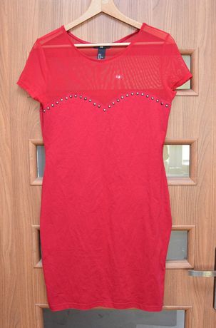 Czerwona sukienka z siatką i cekinami firmy H&M rozmiar M