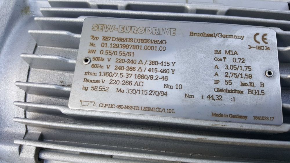 Motoreduktor SEW k67 d16b/hs dt80k4/bmg Przekładnia 7.5-37 obr.