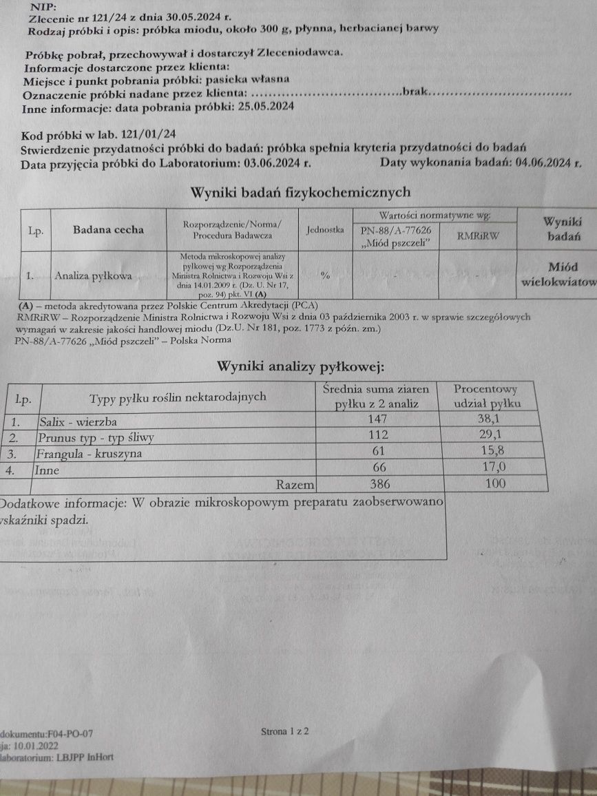Miód z przydomowej pasieki wielokwiatowy potwierdzony badaniem pyłków
