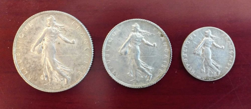 Monety franki francuskie Siewca 3 szt. Ag 17,5 g