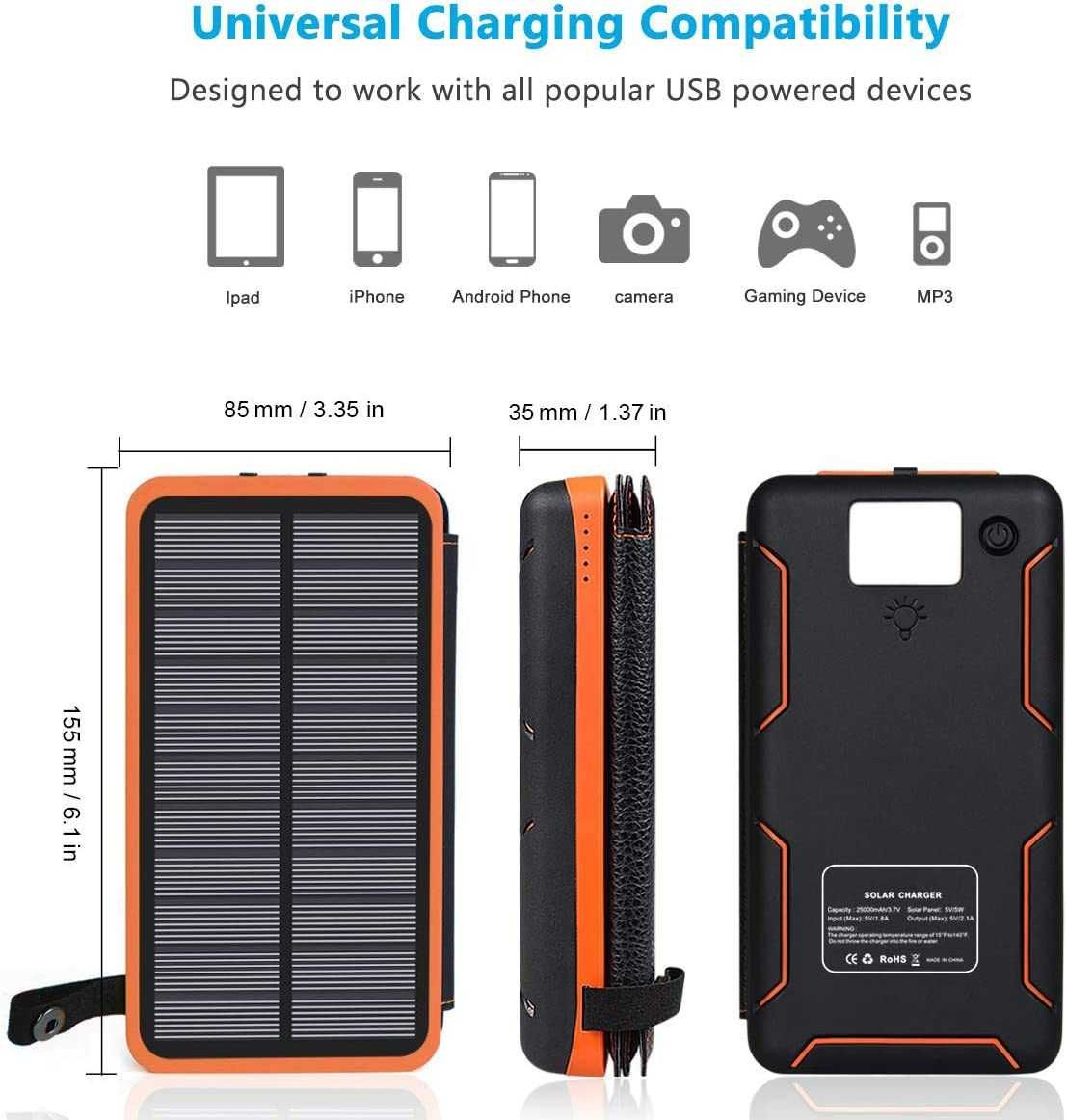 Powerbank e carregador solar portátil de 25000 mAh c/4 painéis solares