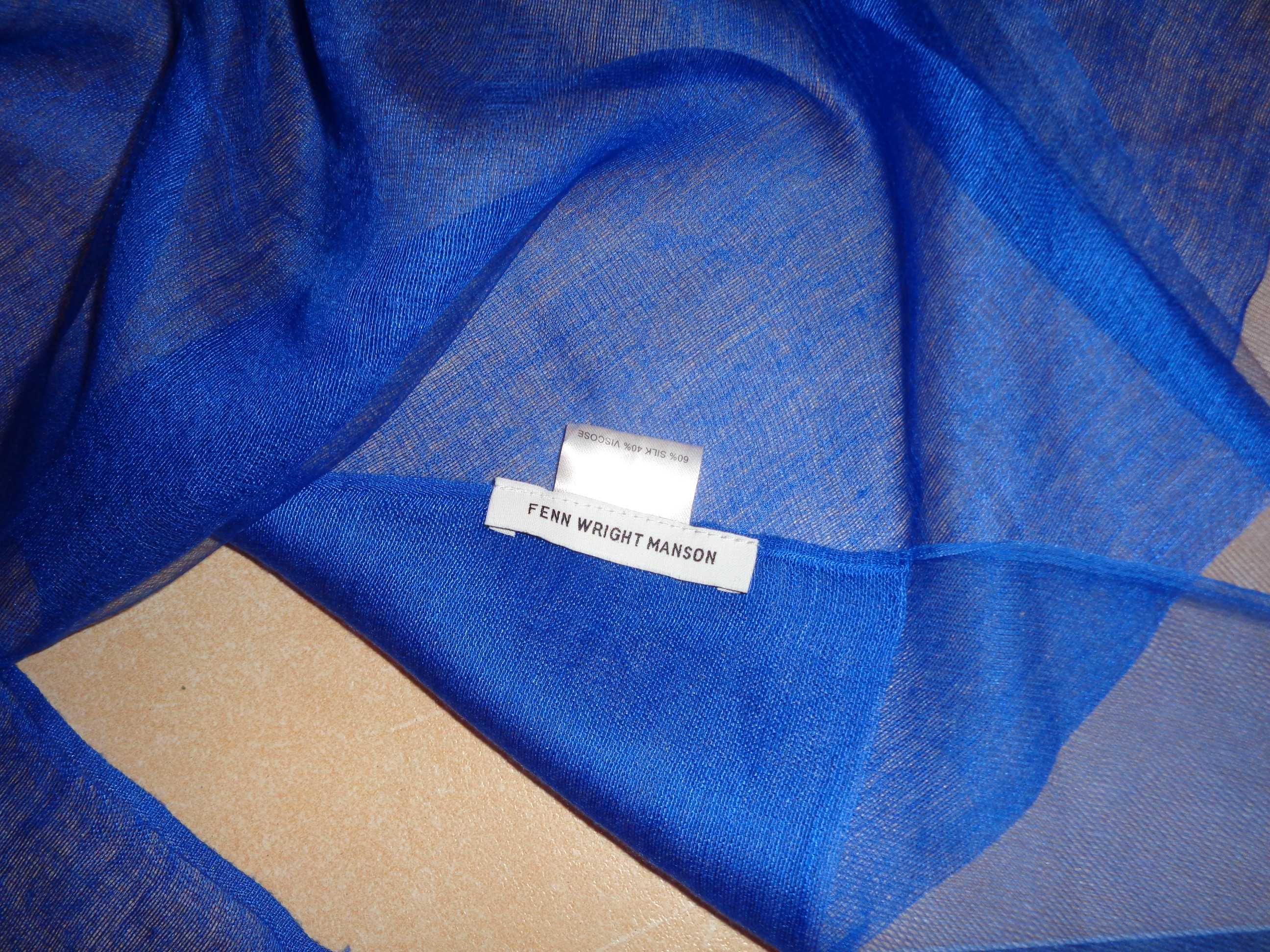 FENN WRIGHT MANSON cieńki duży szal szalik chabrowy cobalt 60% SILK