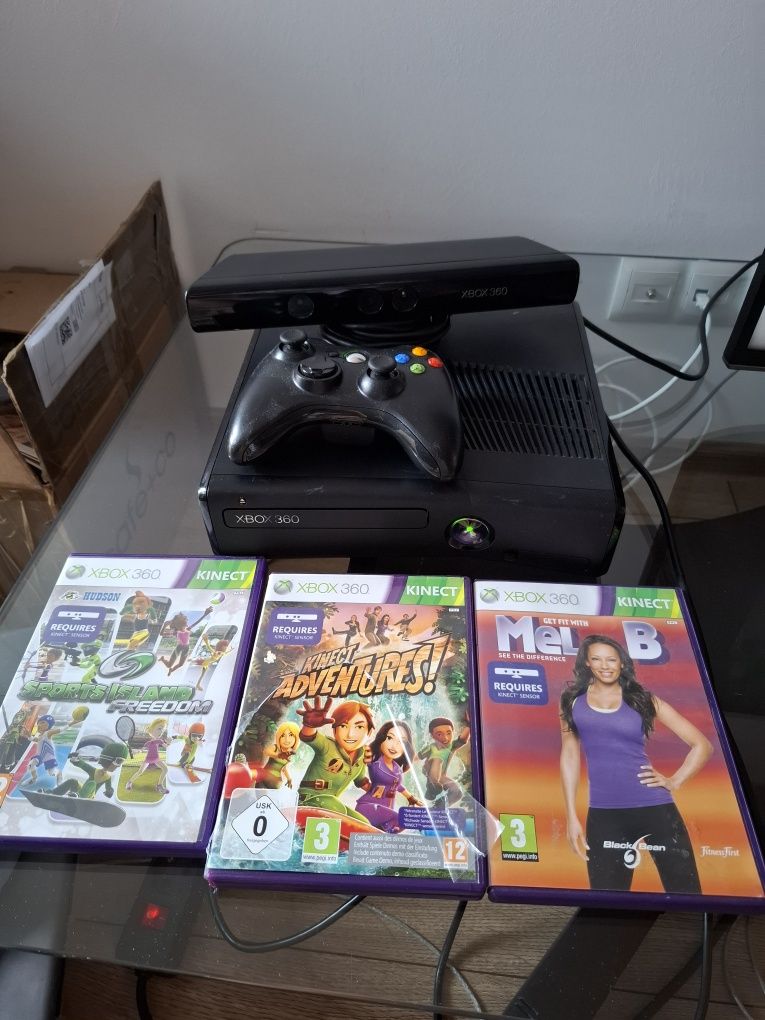 Xbox 360 slim + kinect + pad + 3gry