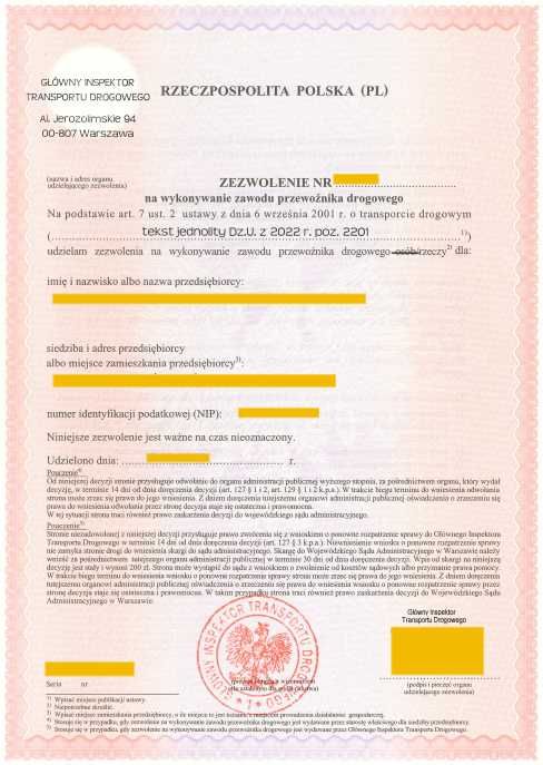 Licencja.Transport międzynarodowy, Zezwolenie krajowe